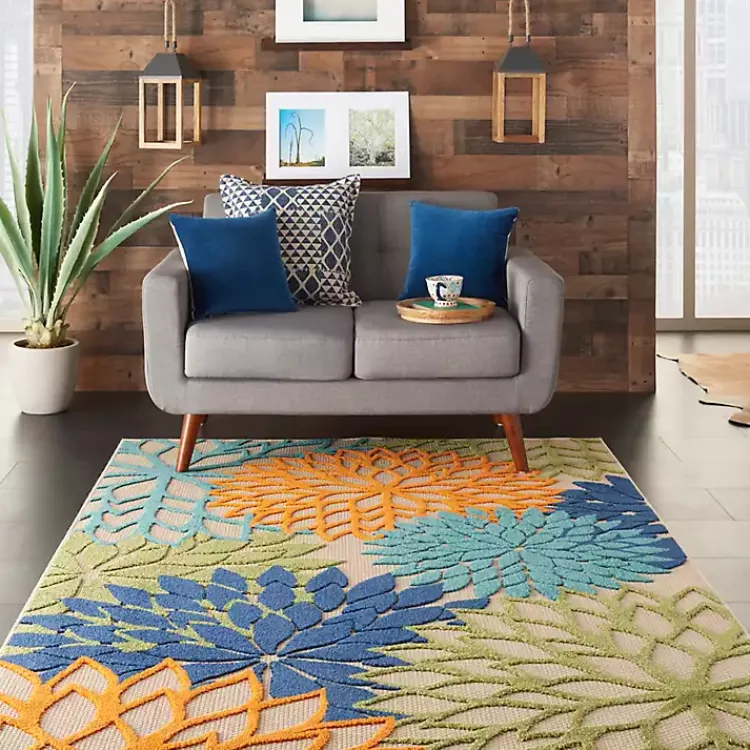 Kirklands Home Green and Blue Floral Burst Outdoor Area Rug, 6x9 Hot