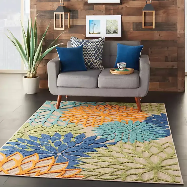 Kirklands Home Green and Blue Floral Burst Outdoor Area Rug, 6x9 Hot