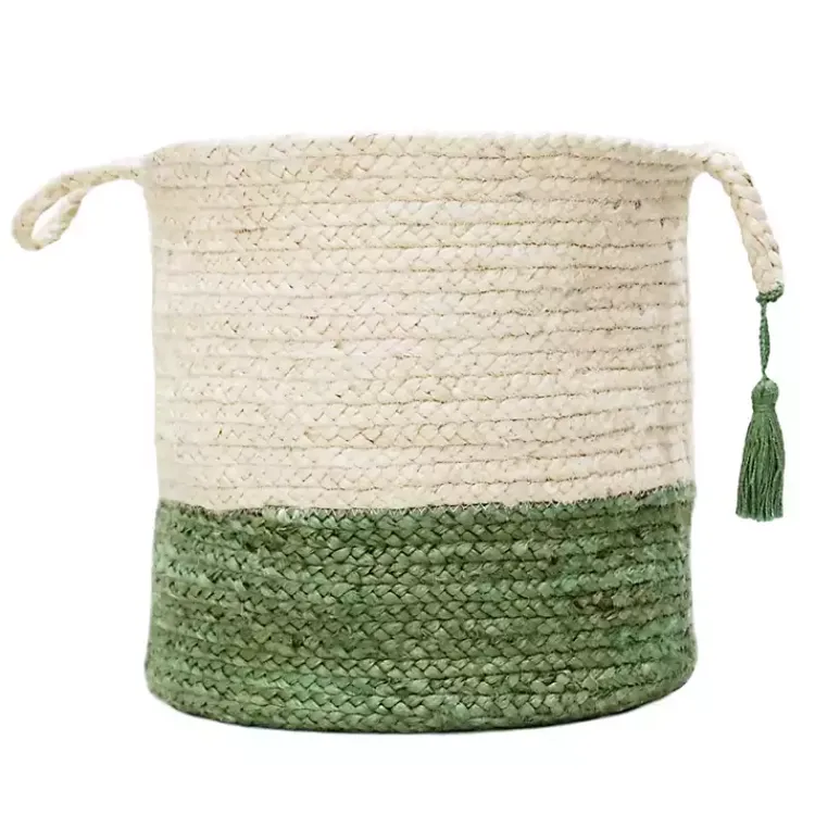 Baskets & Boxes>Kirklands Home Green and Cream Woven Basket with Tassel, 17 in.