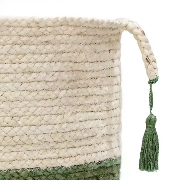 Baskets & Boxes>Kirklands Home Green and Cream Woven Basket with Tassel, 17 in.