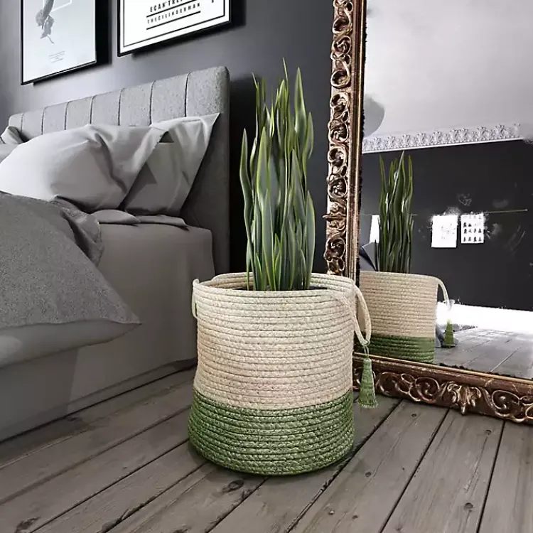 Baskets & Boxes>Kirklands Home Green and Cream Woven Basket with Tassel, 17 in.