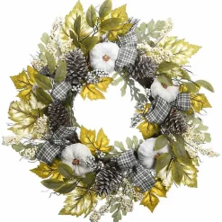 Wreaths>Kirklands Home Green and Gray Ribbon Harvest Mix Wreath