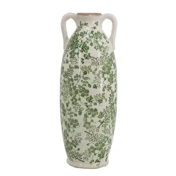 Vases>Kirklands Home Green and White Floral Ceramic Vase, 15.6 in.