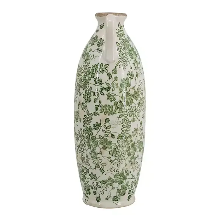 Vases>Kirklands Home Green and White Floral Ceramic Vase, 15.6 in.