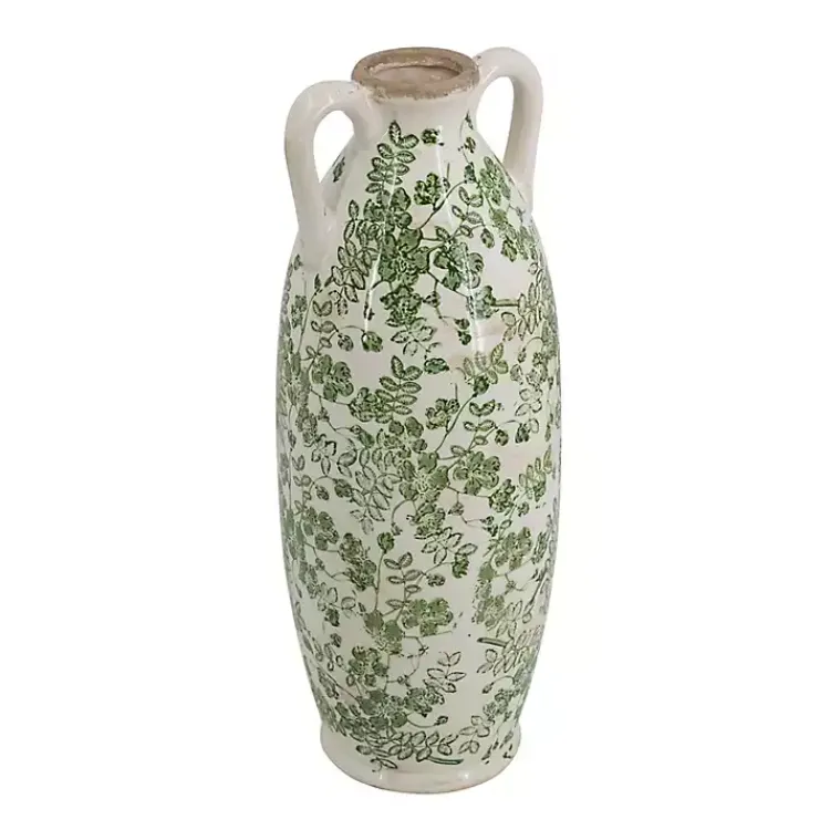 Vases>Kirklands Home Green and White Floral Ceramic Vase, 15.6 in.