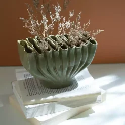 Vases>Kirklands Home Ceramic Wavy Folds Vase Green