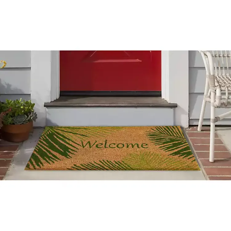 Kirklands Home Green Palm Fronds Welcome Coir Doormat New