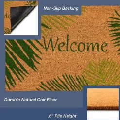 Kirklands Home Green Palm Fronds Welcome Coir Doormat New