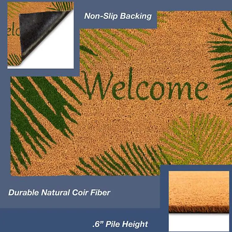 Kirklands Home Green Palm Fronds Welcome Coir Doormat New