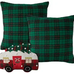 Christmas Pillows>Kirklands Home Green Plaid and Camper Pillows, Set of 3
