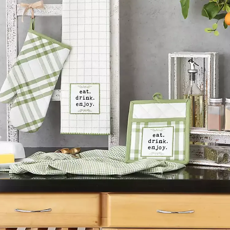 Kirklands Home Green Plaid Eat Drink Enjoy 4-pc. Dish Towel Set New