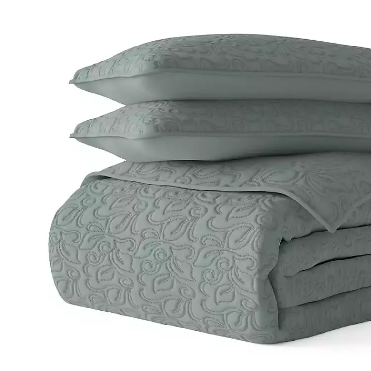 Kirklands Home Stitched Floral 3-pc. King Quilt Set Green