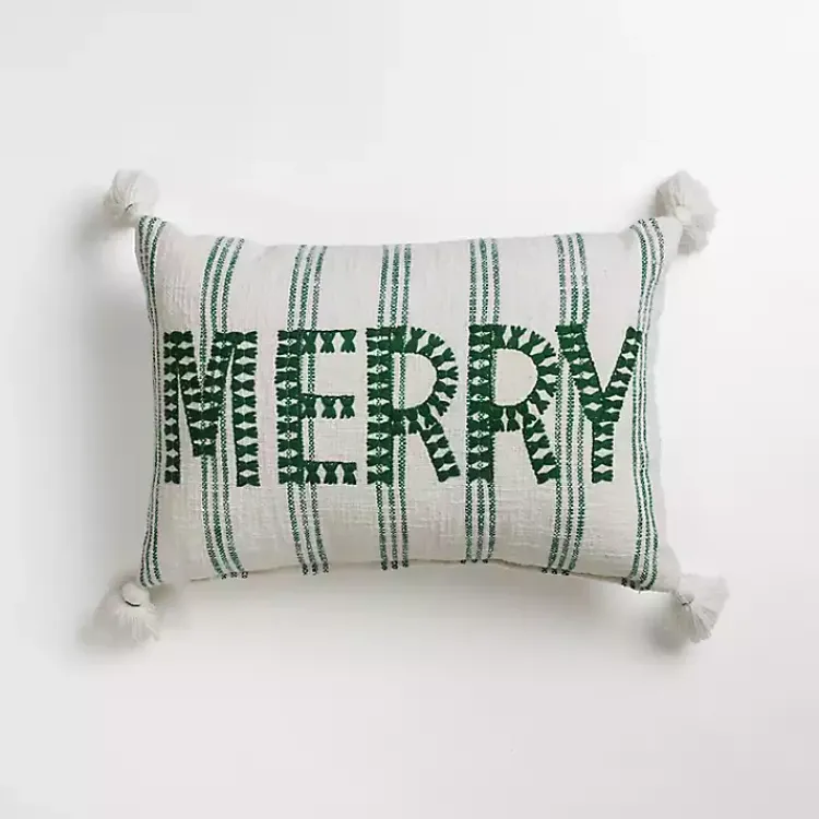 Christmas Pillows>Kirklands Home Green Striped Merry Lumbar Pillow