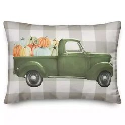 Fall>Kirklands Home Green Truck with Pumpkins Tan Buffalo Check Pillow