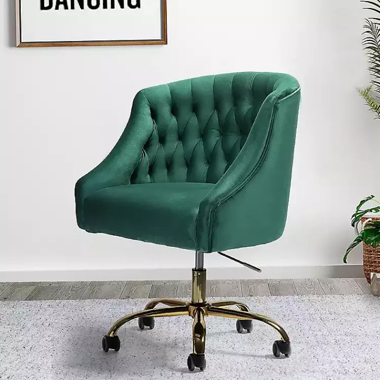 Kirklands Home Velvet Tufted Golden Leg Swivel Office Chair Green New
