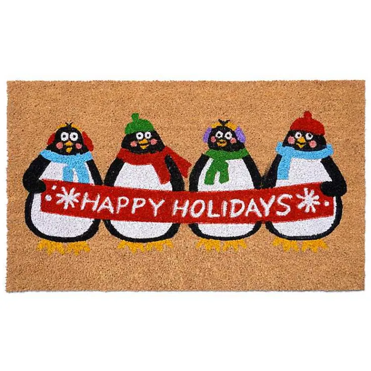 Outdoor Christmas Decorations>Kirklands Home Happy Holidays Penguins Doormat Multi