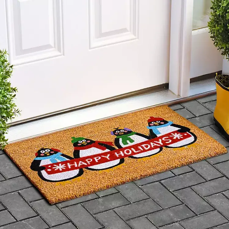Outdoor Christmas Decorations>Kirklands Home Happy Holidays Penguins Doormat Multi