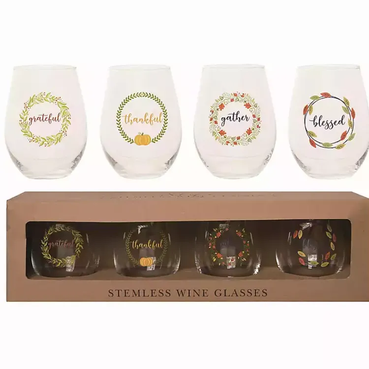 Fall>Kirklands Home Harvest Sentiment Stemless Wine Glasses, Set of 4 Clear