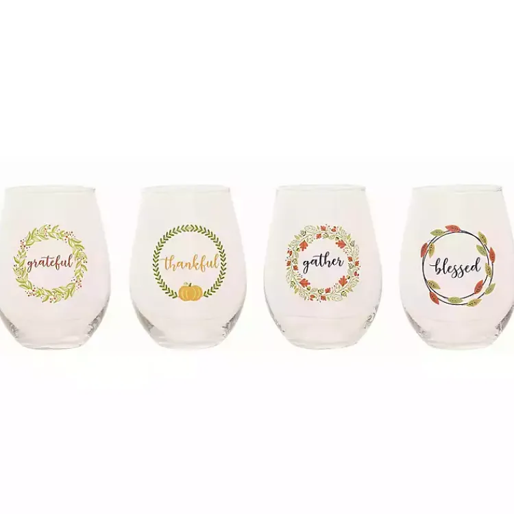 Fall>Kirklands Home Harvest Sentiment Stemless Wine Glasses, Set of 4 Clear