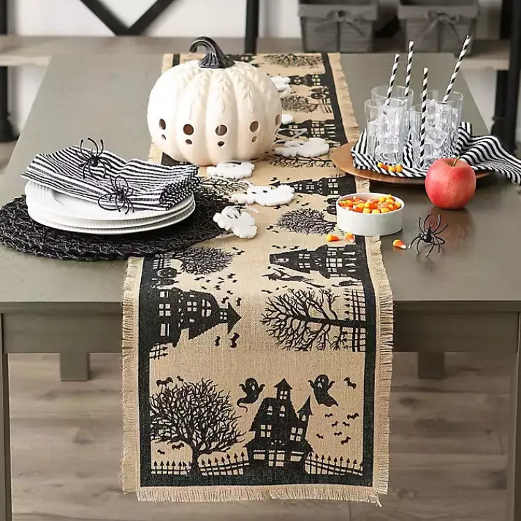 Halloween>Kirklands Home Haunted House Burlap Table Runner