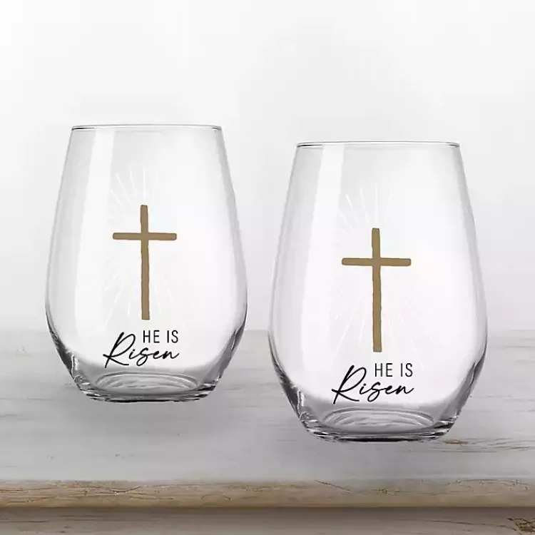 Easter Decorations>Kirklands Home He is Risen Printed 2-pc. Stemless Wine Glass Set Clear