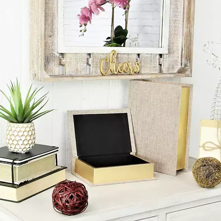 Baskets & Boxes>Kirklands Home Heathered Beige Linen Book Boxes, Set of 2 Tan