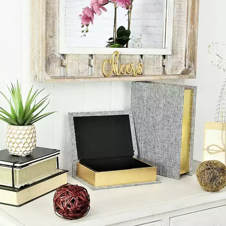 Baskets & Boxes>Kirklands Home Heathered Linen Book Boxes, Set of 2 Gray