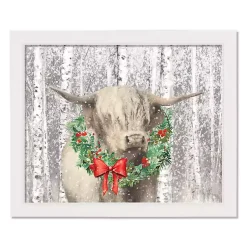 Christmas Art & Wall Decor>Kirklands Home Highland Cow Wreath Framed Canvas Art Print White