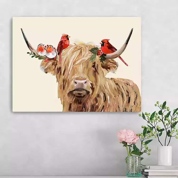Christmas Art & Wall Decor>Kirklands Home Holiday Cow Canvas Art Print Tan