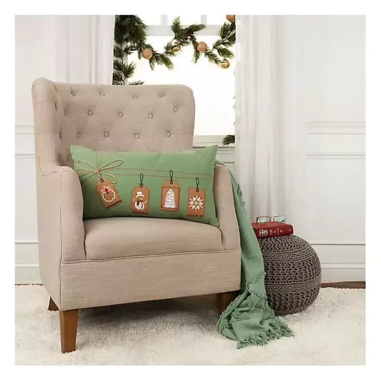 Christmas Pillows>Kirklands Home Holiday Gift Tags Embroidered Lumbar Pillow