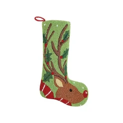Christmas Stockings & Stocking Holders>Kirklands Home Holly Reindeer Hooked Wool Christmas Stocking