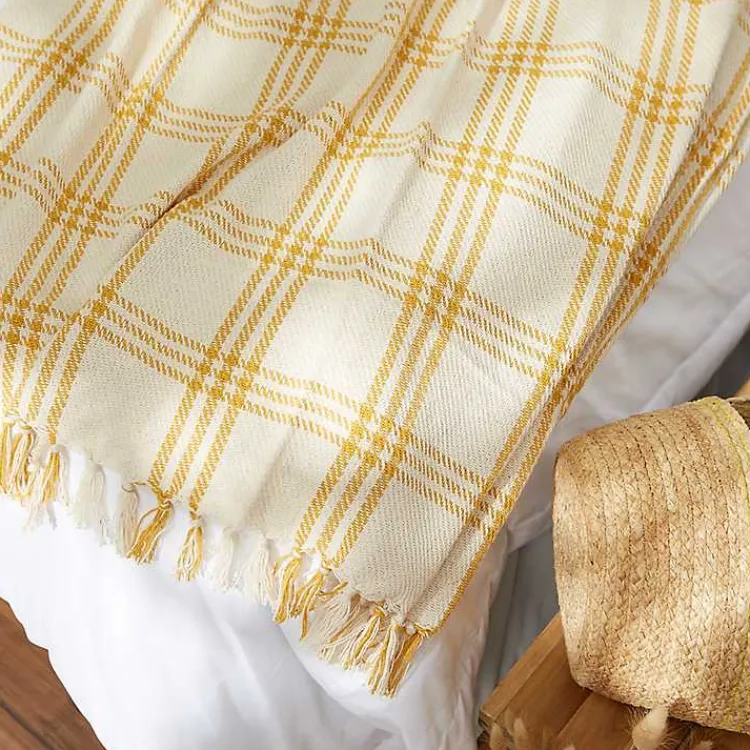 Blankets & Throws>Kirklands Home Honey Gold Plaid Fringe Throw Yellow