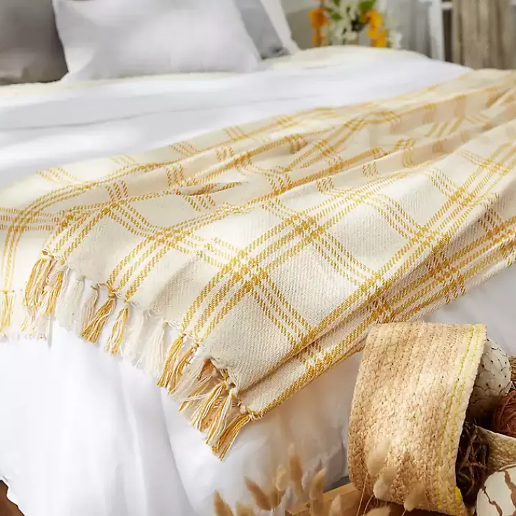 Blankets & Throws>Kirklands Home Honey Gold Plaid Fringe Throw Yellow
