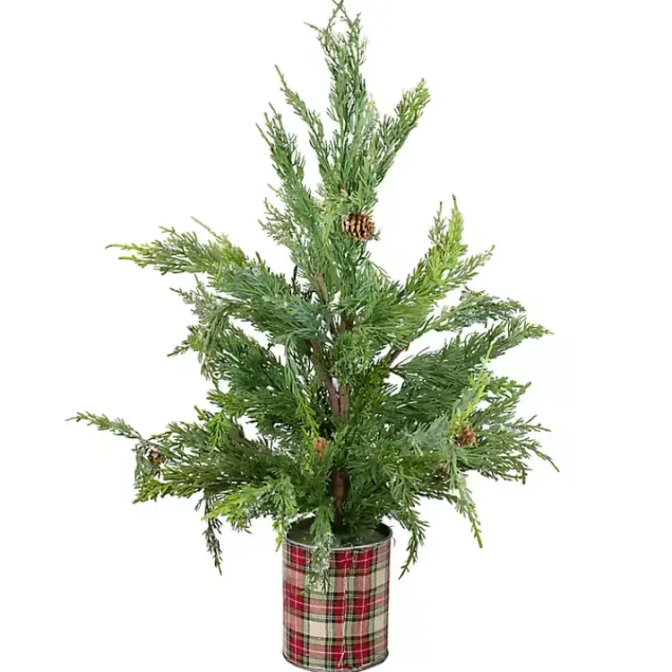 Christmas Arrangements & Garland>Kirklands Home Iced Mini Cedar Tree in Plaid Metal Planter
