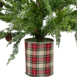 Christmas Arrangements & Garland>Kirklands Home Iced Mini Cedar Tree in Plaid Metal Planter
