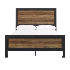 Kirklands Home Industrial Rustic Oak Queen Bed with Metal Frame Brown Clearance
