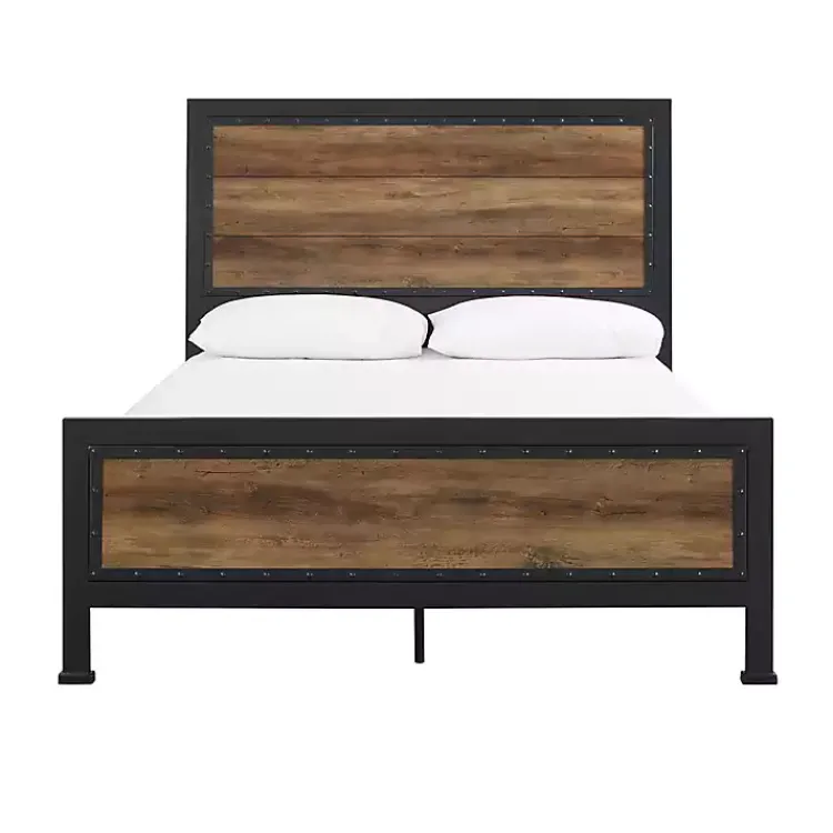 Kirklands Home Industrial Rustic Oak Queen Bed with Metal Frame Brown Clearance