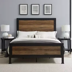 Kirklands Home Industrial Rustic Oak Queen Bed with Metal Frame Brown Clearance