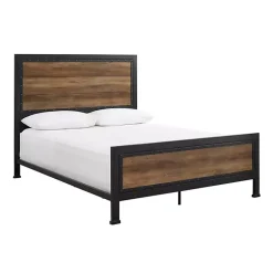 Kirklands Home Industrial Rustic Oak Queen Bed with Metal Frame Brown Clearance