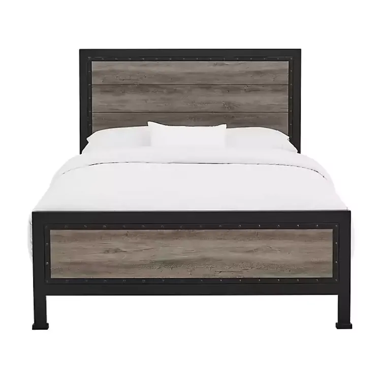 Kirklands Home Industrial Wood Queen Bed with Metal Frame Brown New
