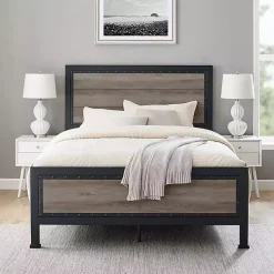 Kirklands Home Industrial Wood Queen Bed with Metal Frame Brown New