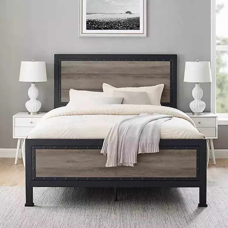 Kirklands Home Industrial Wood Queen Bed with Metal Frame Brown New