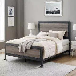 Kirklands Home Industrial Wood Queen Bed with Metal Frame Brown New