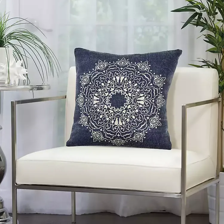 Pillows>Kirklands Home Intricate Medallion Navy and Cream Pillow