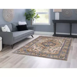 Kirklands Home Ivory and Gold Julian Washable Area Rug, 5x7 Outlet
