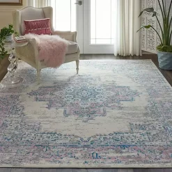 Kirklands Home Ivory and Pink Central Medallion Area Rug, 7x9 New