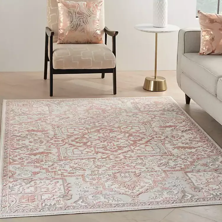 Kirklands Home Ivory and Rose Floral Medallion Area Rug, 5x7 New
