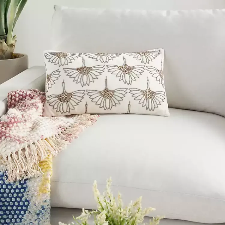 Pillows>Kirklands Home Beaded Floral Motif Lumbar Pillow Ivory