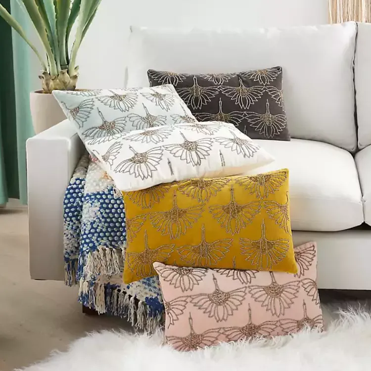 Pillows>Kirklands Home Beaded Floral Motif Lumbar Pillow Ivory