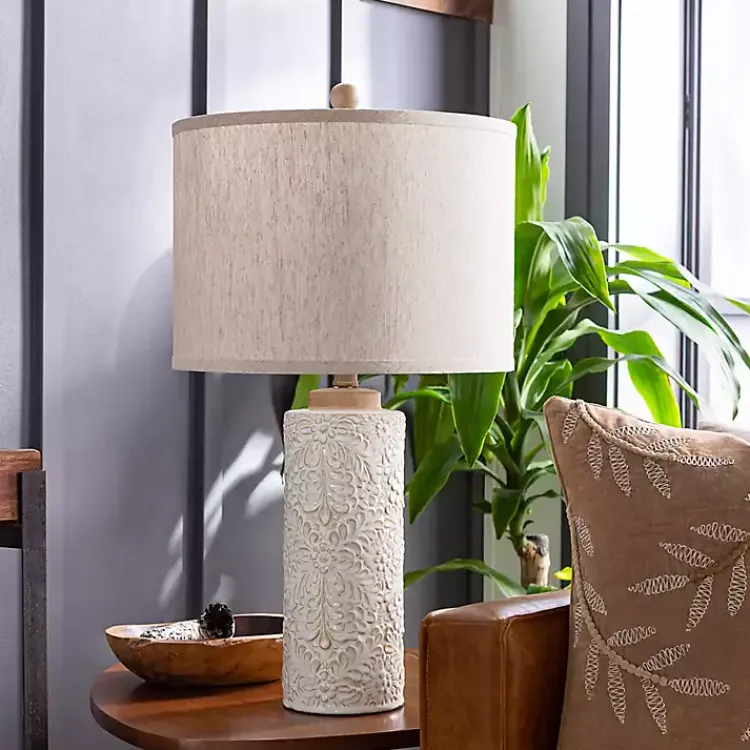 Kirklands Home Ivory Embossed Floral Cylinder Table Lamp Tan Discount